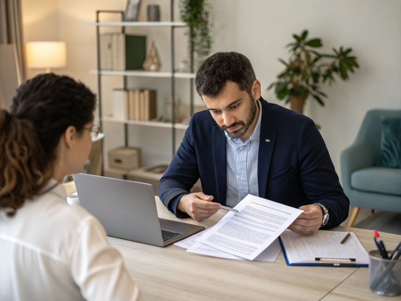 Consultant helping a client with passport application documents
